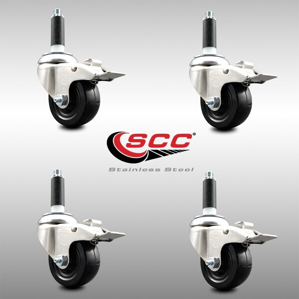 Service Caster 3 Inch 316SS Hard Rubber Wheel Swivel 3/4 Inch Stem Caster Set Lock Brake SCC SCC-SS316TTLEX20S314-HRS-34-4 - main